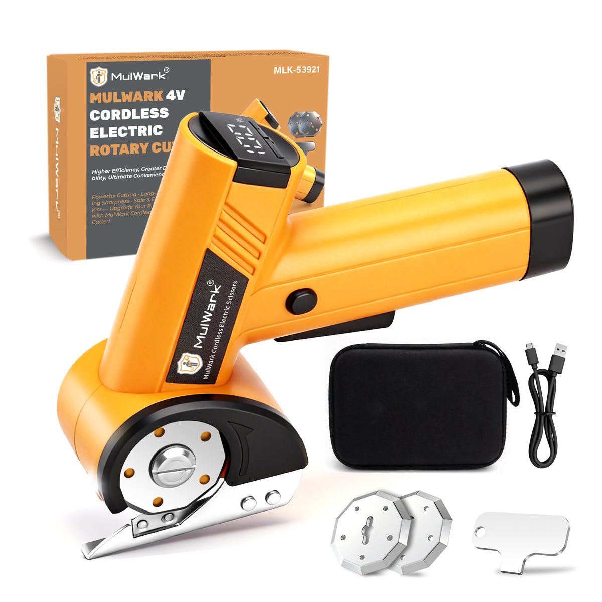 Mulwark Cardboard Cutter Electric, 4.2V Electric Scissors Cordless LED Display, Includes 2 Spare Blades, 4-Speed Electric Box Cutter for Cardboard, Carpet, Plastic, Leather, Portable Cutting Tool