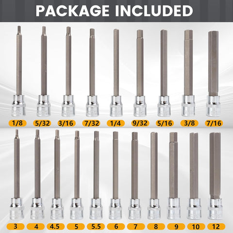 20pcs 3/8 Inch Drive Extra Long Allen Hex Bit Socket Set